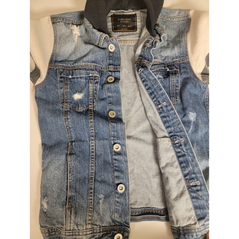 Zara Man Distressed Denim Hoodie Jacket Blue Cream Size S Small Mixed Media - Picture 4 of 7